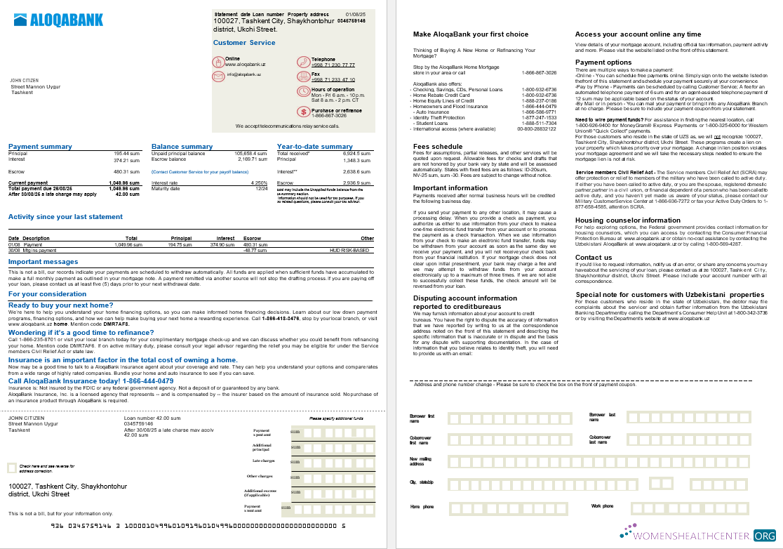 Download Uzbekistani Aloqabank mortgage statement in Word and PDF formats, 2 pages Photoshop template